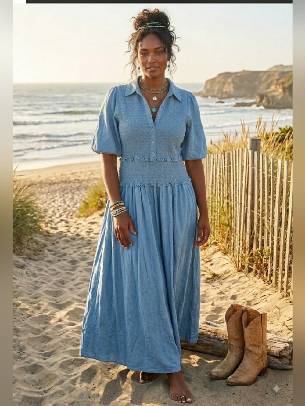 ME+EM Maxi Dress Smocked Chambray Denim Cottage Puff Sleeve Prairie Pockets